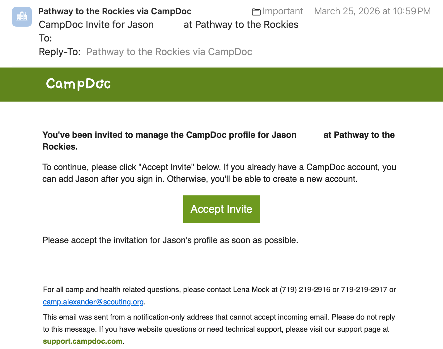 Sample CampDoc invitation email from Pathway to the Rockies via CampDoc, with a green Accept Invite button