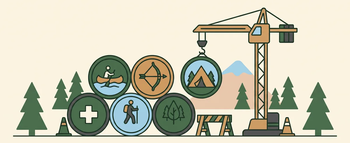 Illustration of a crane lowering a merit badge patch onto a stack of patches, with traffic cones and a sawhorse